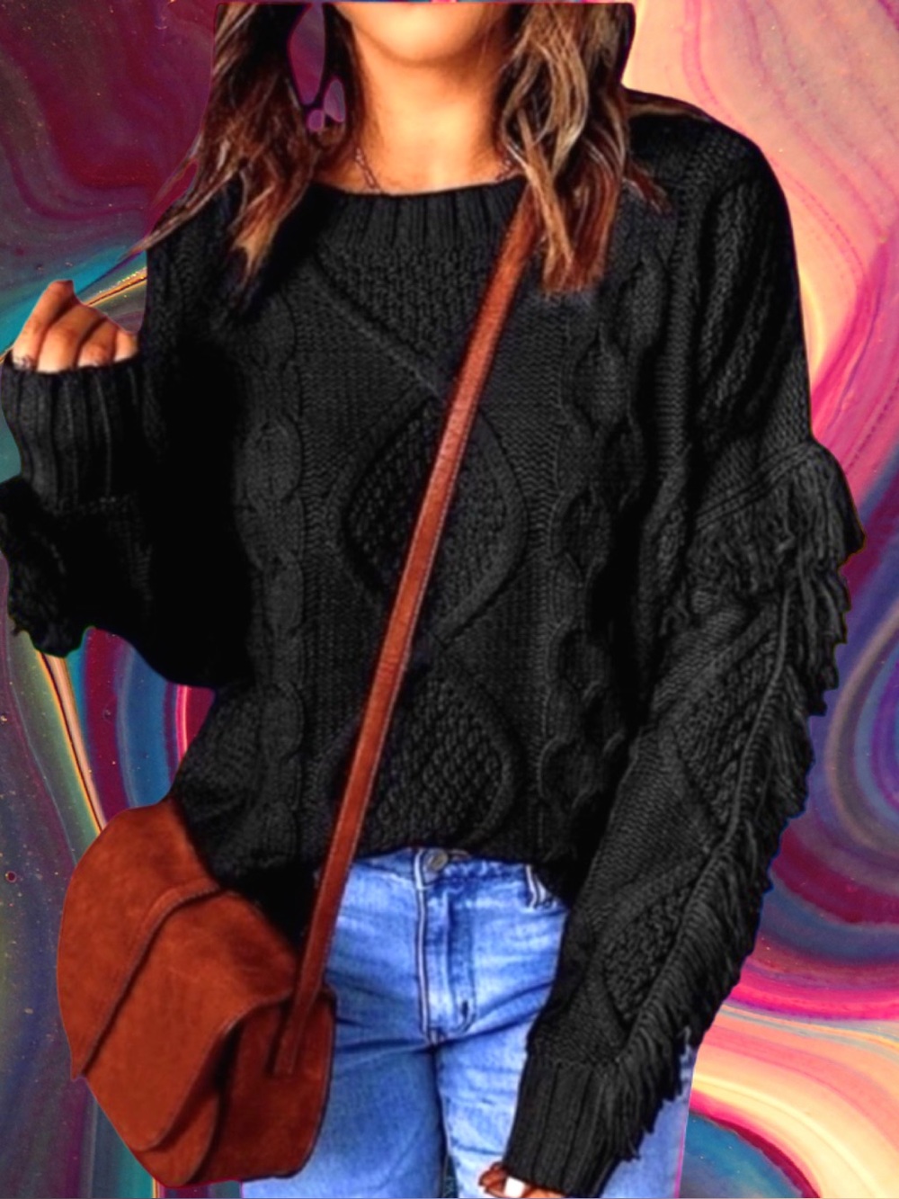 🆕Time and Tru Women’s plus-size Black Fringed Chunky Knit Crewneck Sweater❤️3X